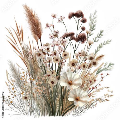 Boho Style Vintage Grass and Flower Arrangement with High Fidelity Detail