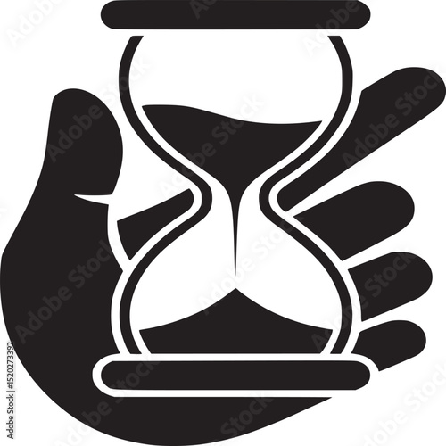 Black and white graphic of a hand holding an hourglass with sand flowing through the narrow passage