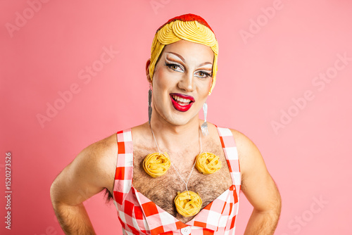 Fotografie Smiling Drag Queen in Italian Cuisine Outfit With Pasta Accessories Embracing Jo
