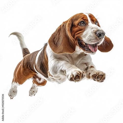 Happy Basset Hound Puppy. Playful Canine Action on White Background