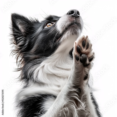 Adorable Border Collie Praying. Studio Shot of Black and White Dog with Raised Paw in Cute Pet Portrait