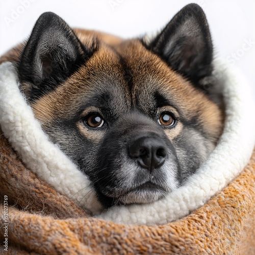 Adorable Fluffy Akita Dog Relaxed Indoors Wrapped in Blanket - Cozy Studio Portrait of Cute and Lovable Canine