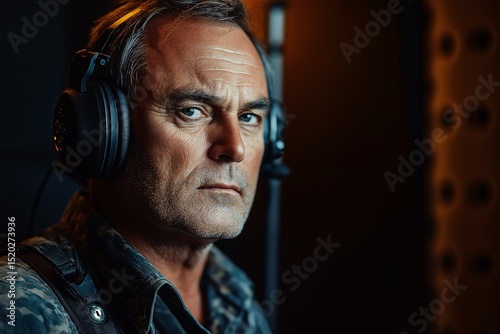 Focused Male Musician in Studio. Emotional Portrait with Headphones and Acoustic Panels