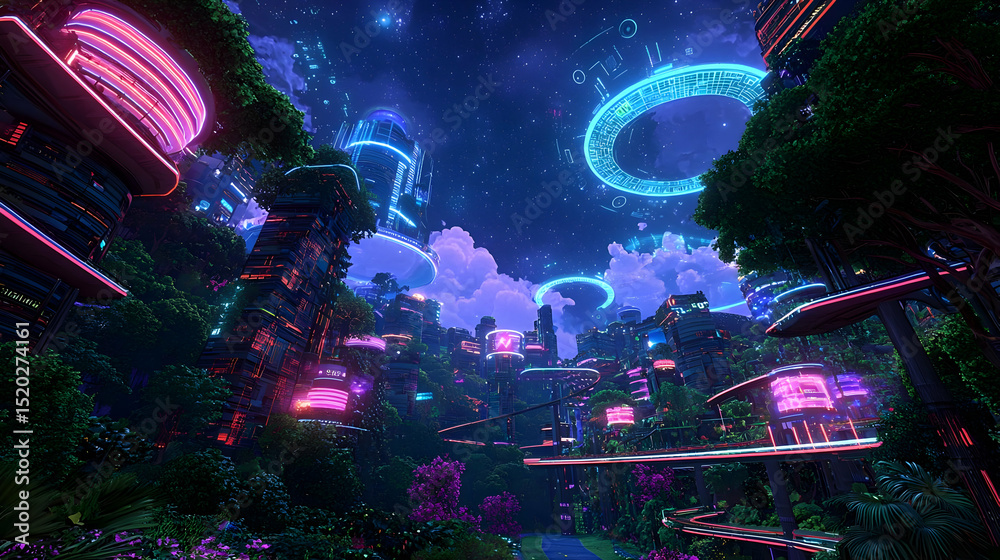 Obraz premium Pixelated Fantasy Cityscape At Night With Neon Glowing Rings