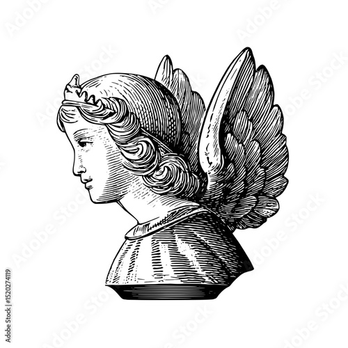 Elegant vintage engraved angelic bust illustration with intricate details and a timeless design