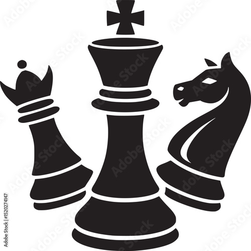 Black chess pieces king queen and knight isolated on a white background in a simple illustration