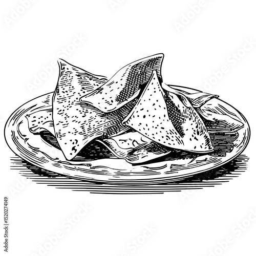 Vintage engraved illustration of crispy chips artfully arranged on a plate, ideal for culinary design inspirations