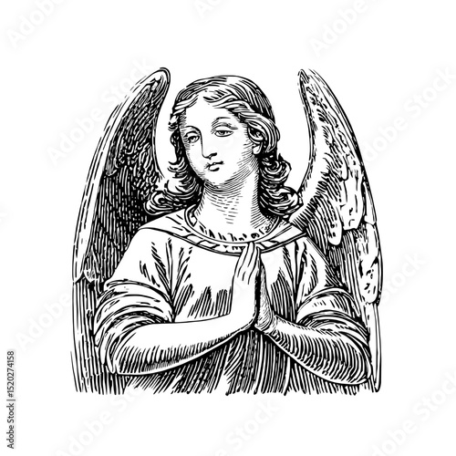 Vintage engraved illustration of a serene angel in prayer, showcasing craftsmanship and timeless artistry for collectors and design enthusiasts