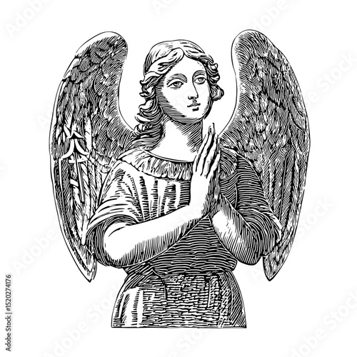 Vintage engraved illustration of an angel with wings in a classic design for timeless elegance
