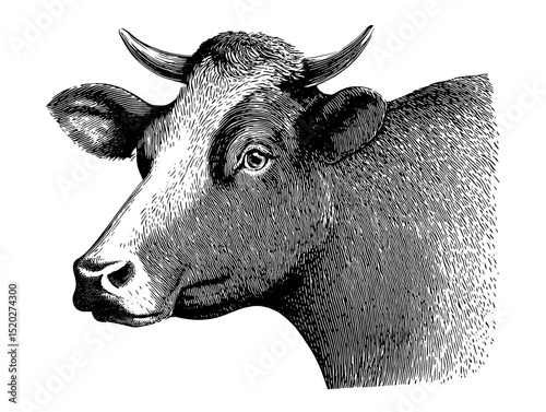 Vintage engraved illustration of a cow showcasing intricate details and charm from an era long past