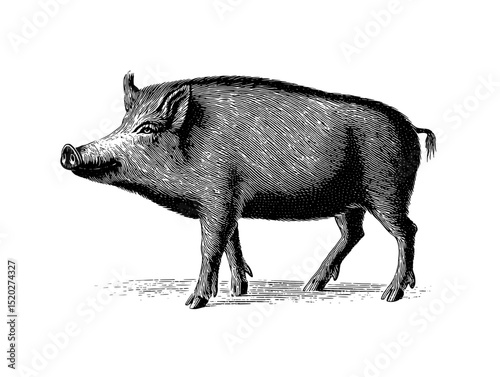 Vintage engraved illustration of a walking pig designed for classic collections and decorative use