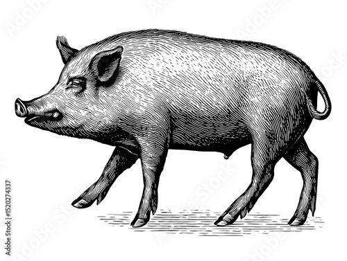 Vintage engraved illustration of a walking pig showcasing classic design elements for unique product branding