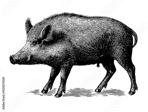 Vintage engraved illustration showcasing a walking wild boar in detailed artwork, perfect for design projects or collections