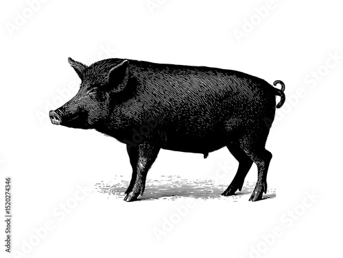 Vintage engraved illustration of a pig showcasing traditional craftsmanship and design elements in a classic style