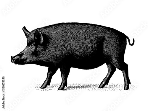 Elegant black pig illustration showcasing vintage engraved design and artistry highlighting classic charm and detail