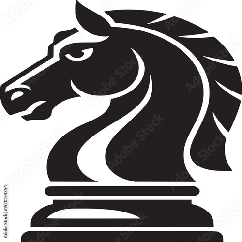 A stylized black chess knight piece with a white background in a minimalist design illustration