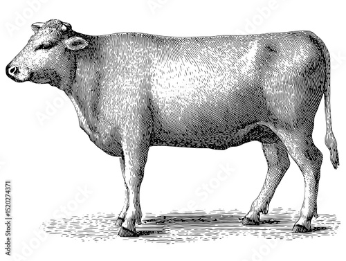 Vintage engraved illustration of a cow in classic design for rustic decor and branding