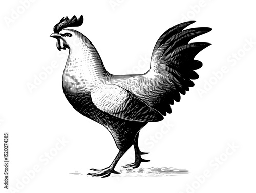 Elegant vintage engraved illustration of a proud rooster standing tall in a rustic farmyard setting