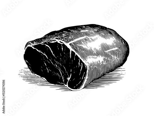Delight in the vintage charm of an engraved illustration showcasing a perfectly shaped cut of meat