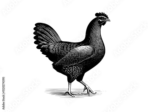 Vintage engraved illustration of a proud chicken walking gracefully through a rustic landscape in an elegant design style
