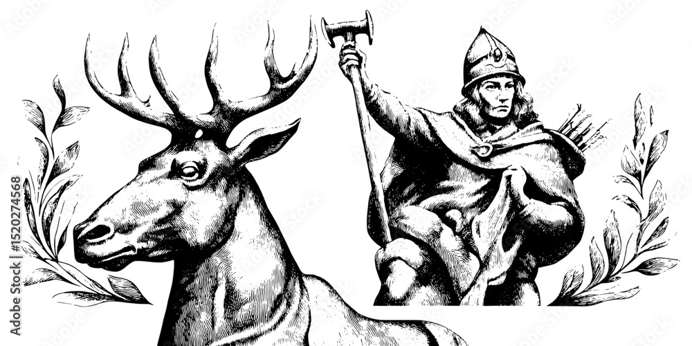 Fototapeta premium Vintage engraved illustration of a majestic deer and a heroic figure wielding a hammer in an ornate design