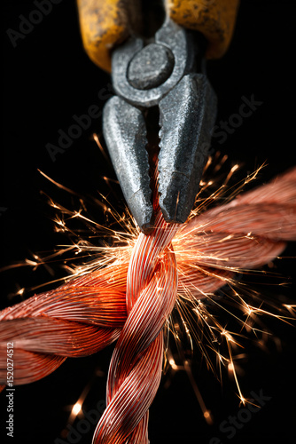 Close-up of copper wire being twisted with pliers, sparks flying