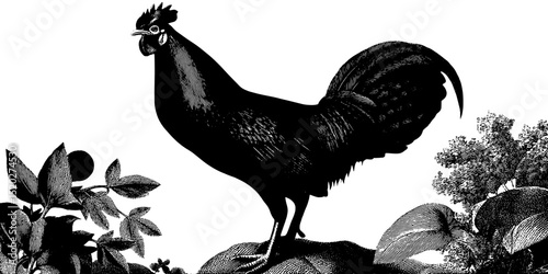 Vintage engraved illustration of a proud rooster standing amid lush foliage in a classic design