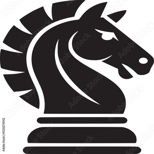 A black knight chess piece with a white background in a simple and elegant graphic design style