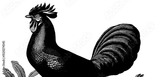 Vintage engraved illustration of a proud black rooster in a classic design celebrating traditional farm life