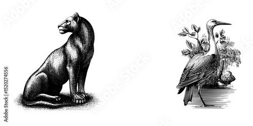 Vintage engraved emblem featuring a majestic lion and a graceful heron in a timeless design