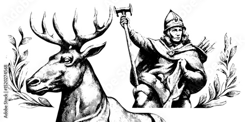Vintage engraved illustration of a majestic deer and a heroic figure wielding a hammer in an ornate design