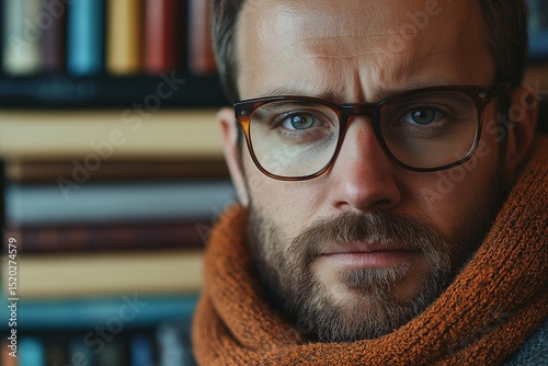 Intellectual Male Model with Glasses. Stylish Portrait in Cozy Library Setting with Warm Lighting