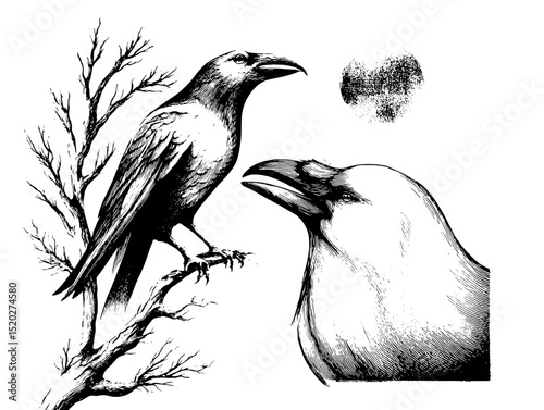 Vintage engraved illustration featuring a raven perched on a branch alongside a detailed head study in a classic design
