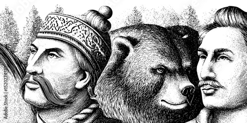 Emblem of strength featuring vintage engravings of a bear and noble warriors in a timeless design