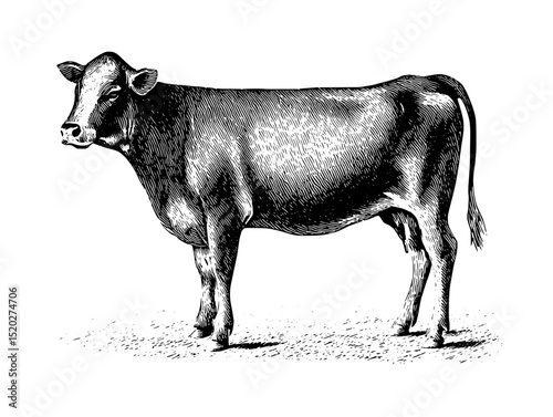 Vintage engraved illustration of a cow in a pastoral setting showcasing agricultural heritage and rustic charm
