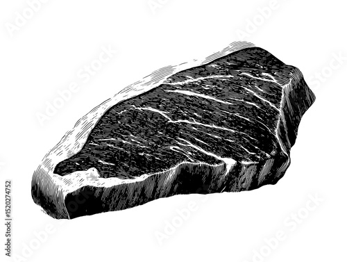Engraved vintage illustration of a beautifully marbled steak showcasing its culinary appeal and artistic detail