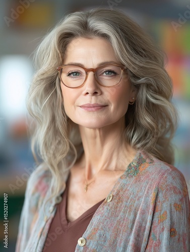 Graceful Elderly Woman with Gray Hair and Glasses in Casual Attire Portrait - Serene and Confident Expression in Vibrant Indoor Setting