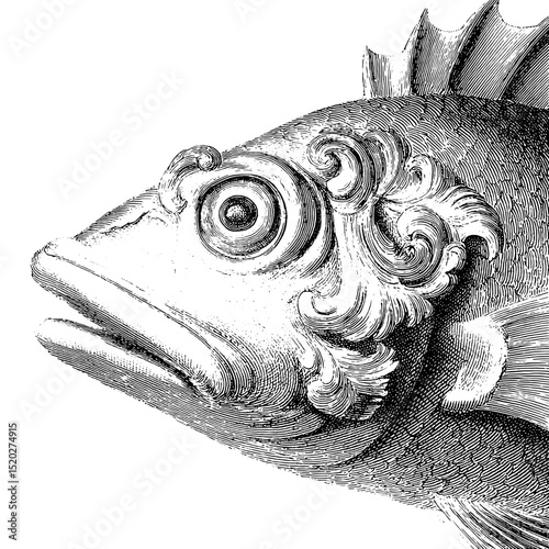Engraved vintage emblem featuring a beautifully detailed fish design in a classic style for decorative use