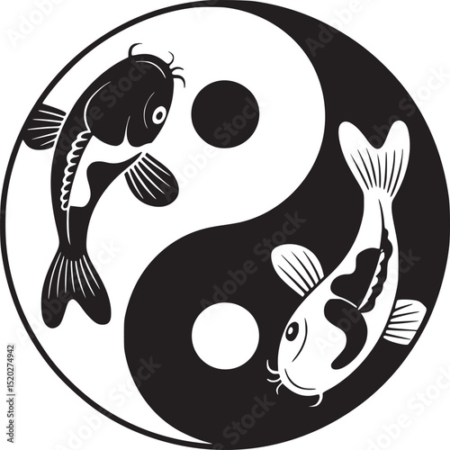 Black and white yin yang symbol with two koi fish swimming in opposite directions on a white background
