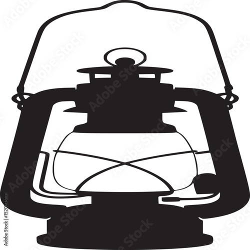 Silhouette image of a vintage lantern with a curved handle and a circular top against white backdrop