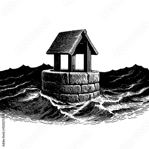 Vintage engraved illustration of a well house surrounded by turbulent waters in a nostalgic design