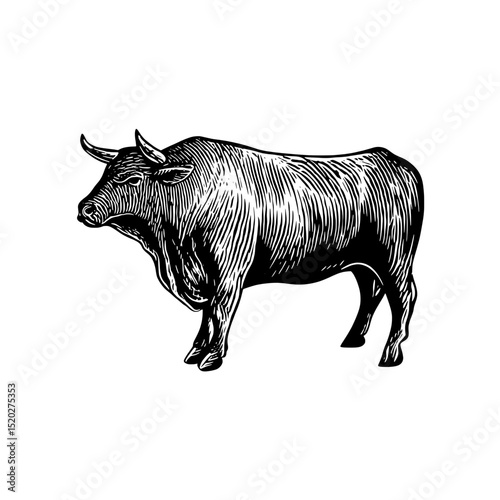 Vintage engraved emblem featuring a detailed illustration of a sturdy bull showcasing classic artistry and craftsmanship