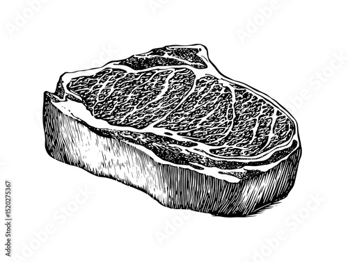 Vintage engraved illustration of a juicy ribeye steak from a timeless culinary collection showcasing artisanal design
