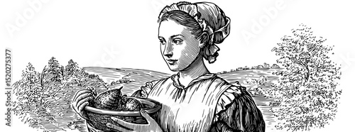 Vintage engraved illustration of a woman holding a bowl of fruit in a scenic landscape