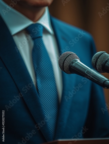 Professional Businessman in Suit Giving Engaging Conference Speech - Stock Image