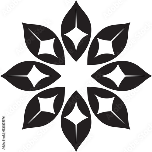 A symmetrical flower design with black petals and diamond shapes on a white background simple art