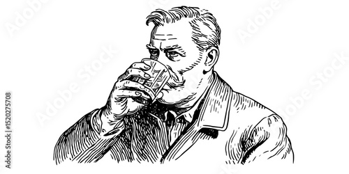 Vintage engraved illustration of a distinguished man enjoying a drink from a glass, highlighting classic style and sophisticated leisure