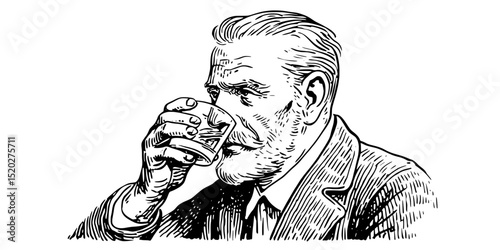 Vintage engraved illustration depicting a distinguished gentleman savoring a drink in a classic setting