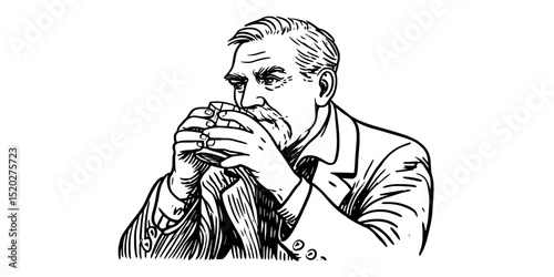Intricate vintage engraving of a thoughtful gentleman savoring a warm beverage in a tranquil setting