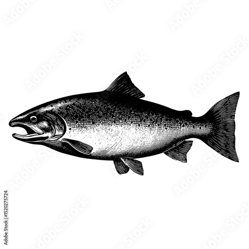 Vintage engraved illustration of a fish showcasing intricate details and timeless design elements